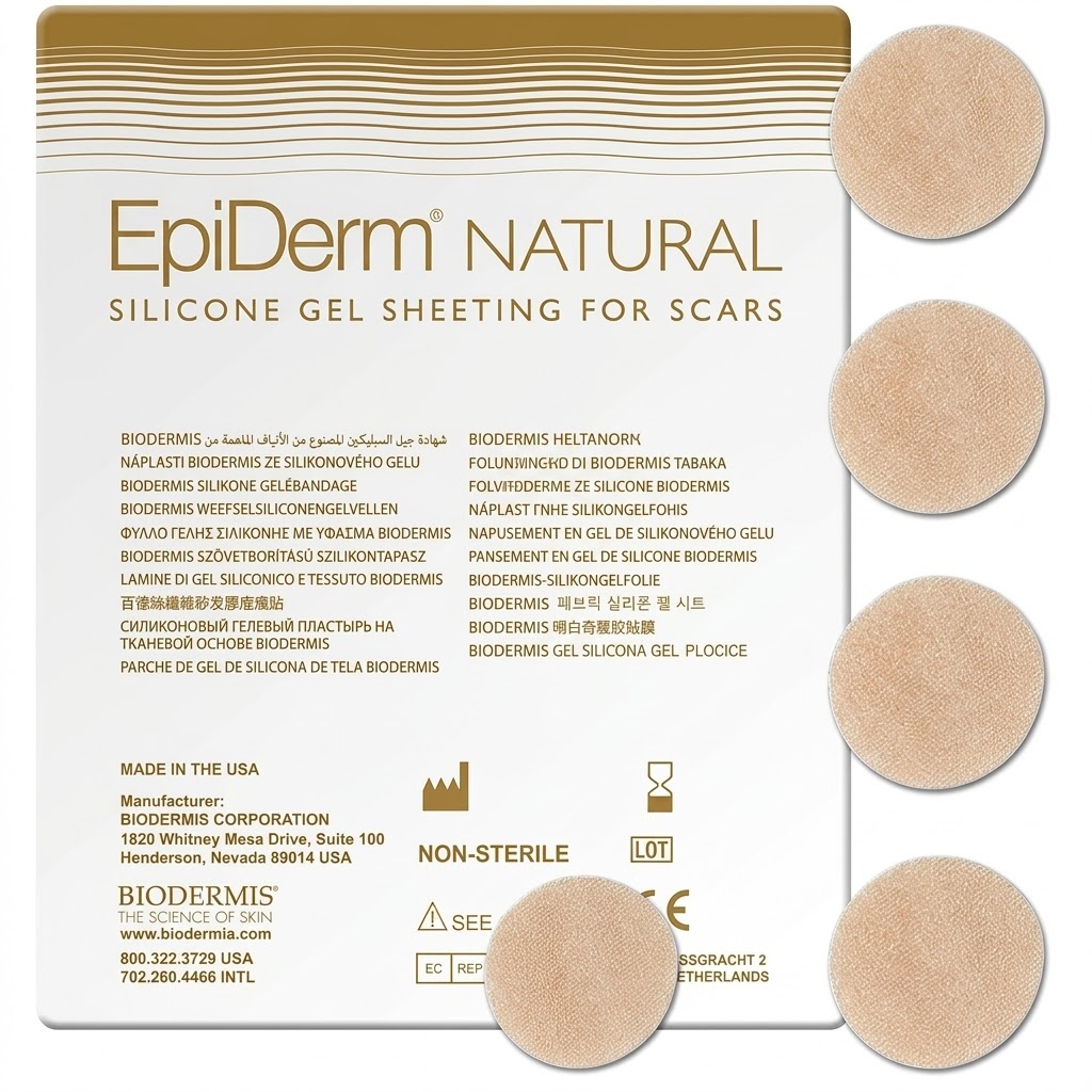 Biodermis EpiDerm Natural kūno spalvos silikoniniai pleistrai randams gydyti 1,9 cm skersmens, 6 vnt.